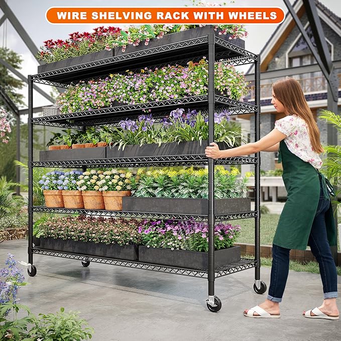 REIBII 85.7" H Storage Shelves 2998LBS Metal Shelving Unit with Wheels & Feet, 5 Tier Garage Shelving Heavy Duty Adjustable Wire Shelf for Pantry Kitchen Garage, 85.7" H X 55.5" W X 24.2" D, 2PCS