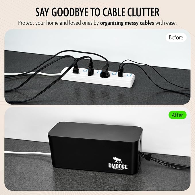 DMoose Cable Management Box - 2 Pack Medium & Large Cord Organizer for Desk & Floor, Cable Organizer Box for Child & Pet - Cable Box Hider for Tidy Office & Home, Power Strip Cover (Black - Pack of 2)