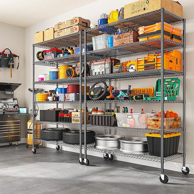Romorgniz 82" H X45 W X18 D Storage Shelves with Wheels, 6 Tier Wire Shelving Adjustable Metal Shelving Pantry Shelves Capacity 1200LBS for Garage Shelving, Pantry, Kitchen, Closet, Commercial, Black