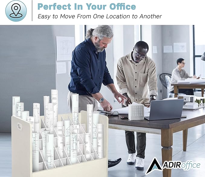 AdirOffice Adir Blue Print Storage Organizer - Mobile Roll File Cart, Construction Plan Holders, Blueprint Cabinet with Wheels, Roll Files Storage for Office and Home (50 Slots, White)