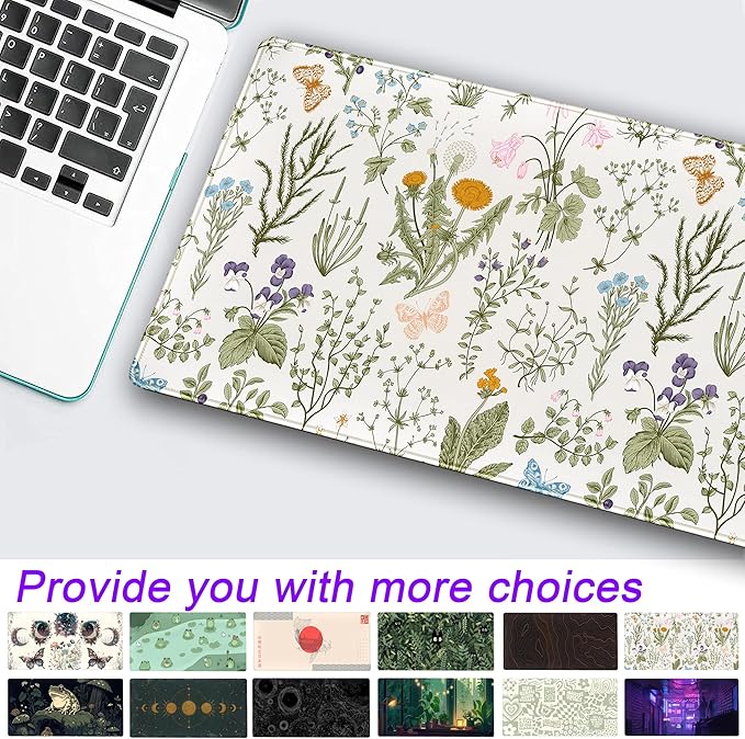 Cute Flowers Desk Mat Pressed Dried Floral Mouse Pad Neutral Beige Sage Green XXL Large Extended Gaming Mousepad Deskmat 31.5x15.75 in, Laptop Keyboard and Mouse Mat for Women Office Gamer Girl
