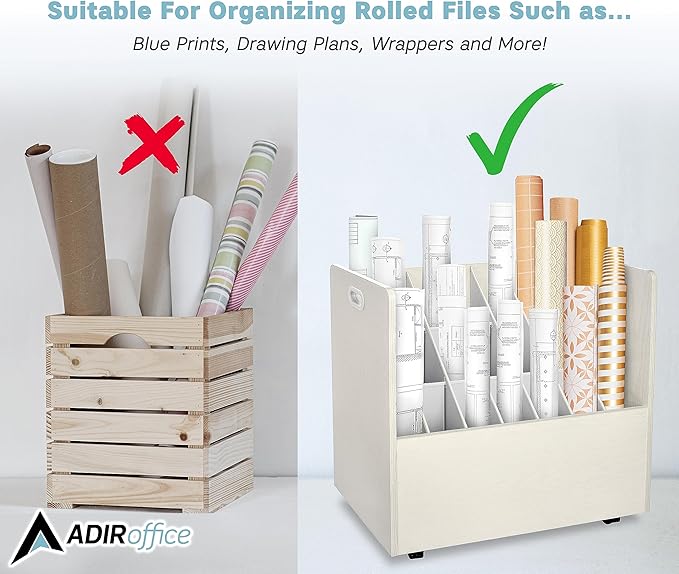 AdirOffice Adir Blue Print Storage Organizer - Mobile Roll File Cart, Construction Plan Holders, Blueprint Cabinet with Wheels, Roll Files Storage for Office and Home (21 Slots, White)