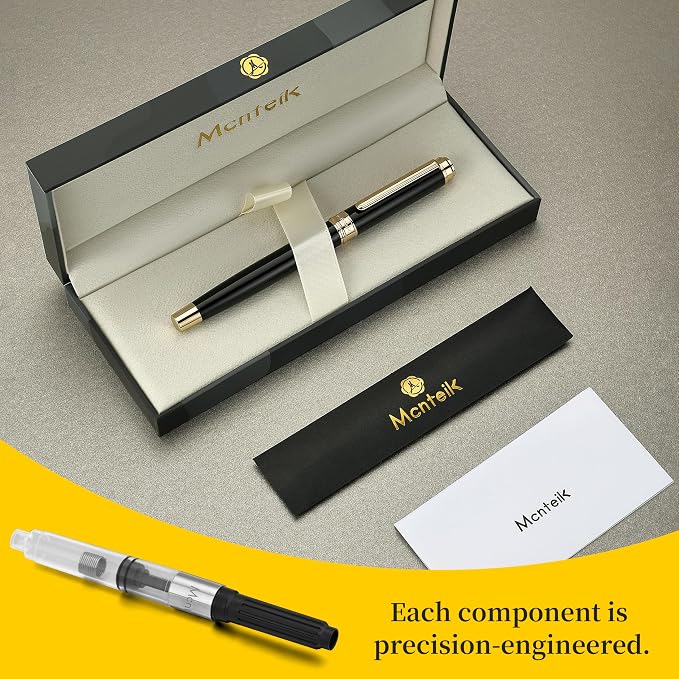 MCNTEIK 317 Fountain Pen,Stunning Luxury Black Piano Lacquer,18K Gilded Nib(Fine),Gorgeous 24K Gold Finish, Ink Converter,Fancy Gift for Men&Women-Elegant,Executive,Office,Nice Pens for Writing