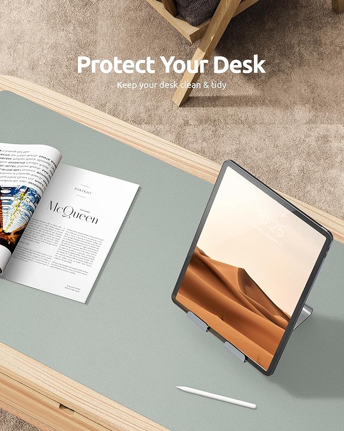 YSAGi Leather Desk Protector, Office Mat, Large Mouse Mat, Non-Slip PU Leather Blotter, Laptop Pad, Waterproof Writing Pad for Office and Home (Grayish Green, 23.6" x 13.8")