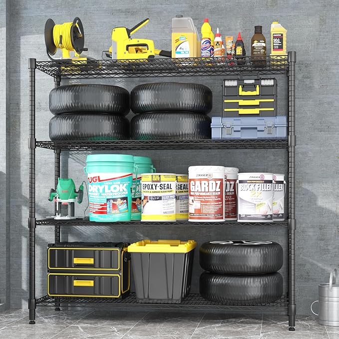 Homdox 60”W Storage Shelves, 4 Tier Heavy Duty Wire Shelving Unit with Wheels, 2400LBS Commercial Adjustable Metal Shelves for Storage, Garage Rack Pantry Shelves Kitchen Shelving, 24"x60"x72", Black