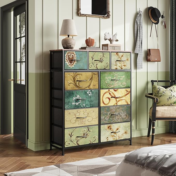 WLIVE Tall Dresser for Bedroom, Fabric Dresser Storage Tower, Chest of Drawers Organizer Unit with 11 Drawers, Storage Cabinet, Hallway, Closets, Steel Frame, Wood Top, Vintage,Floral Painted
