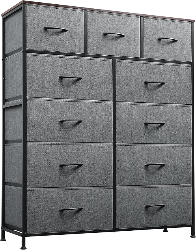 WLIVE Tall Dresser for Bedroom, Fabric Dressers Storage Tower, Dresser & Chest of Drawers Organizer Unit with 11 Drawers, Storage Cabinet, Hallway, Closets, Steel Frame, Wood Top, Dark Grey
