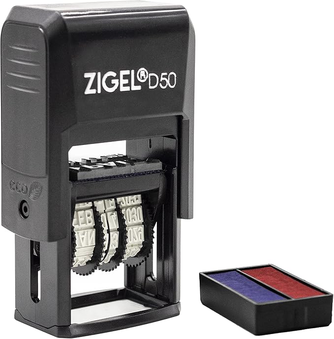 ZIGEL D50 Date Stamp with Entered - Self Inking Date Stamp - Blue/Red