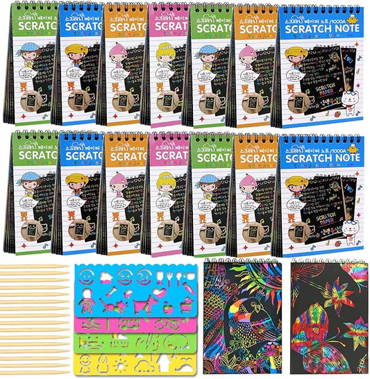 POKONBOY 16 Pack Scratch Arts and Crafts Notebooks, Scratch Note Pads for Kids Rainbow Party Favors Coloring Books for Kids Art Party Supplies Stocking Stuffers（16 Wooden Stylus & 4 Drawing Stencils）