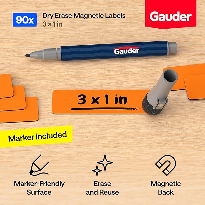 GAUDER Magnetic Labels Writable - Reusable Magnet Tags for Whiteboard, Chalkboard, Kanban Board and Refrigerator - Magnet Cards with Marker (90 Pack - 3 x 1 Inches)