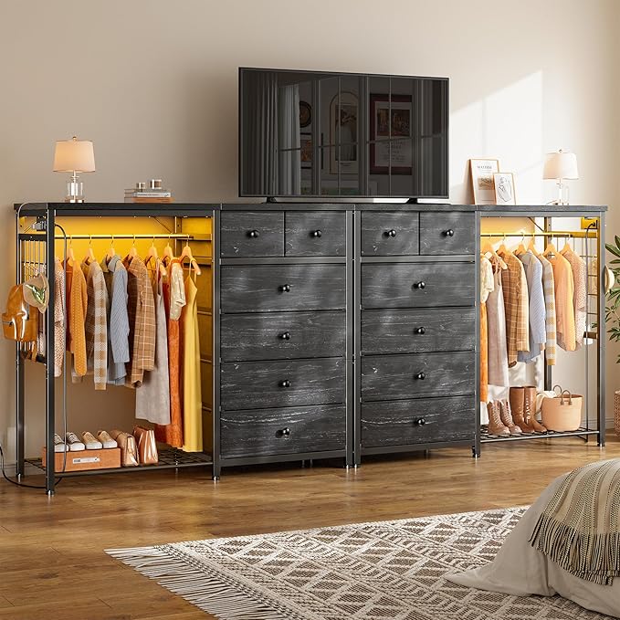 EnHomee 49.2" W Dresser for Bedroom with Hanging Rack 6 Drawers Dresser with LED Lights & Charging Station, Fabric Dressers & Chest of Drawers with 4 Hooks, Wooden Top, Grid Panel, Black