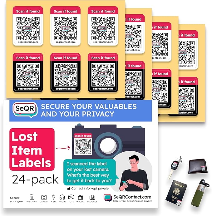 Lost Item Labels | Secure, Private Messaging Tags for Recovering Personal Items | QR Smart Labels for Travel, Everyday & Family Belongings Like Passports, Wallets, Toys | Safeguard Personal Info (24)