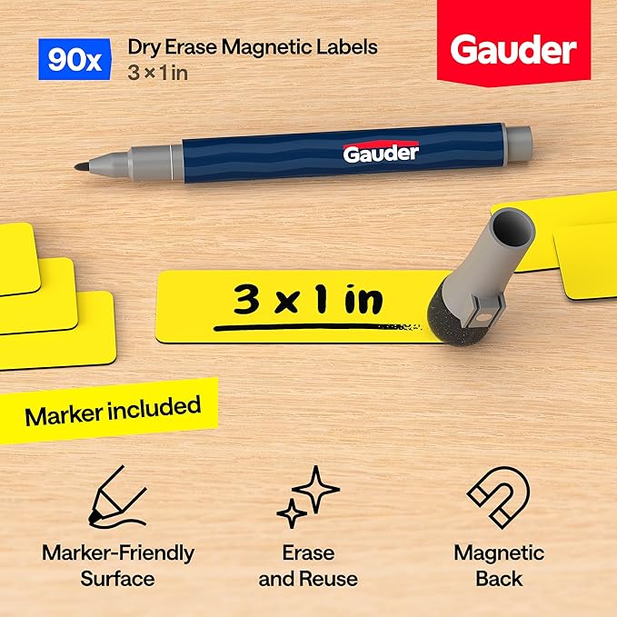 GAUDER Magnetic Dry Erase Labels | 90x Magnetic Labels (3 Inches x 1 Inch) | Dry Erase Magnets for Classroom, Whiteboard and Blackboard