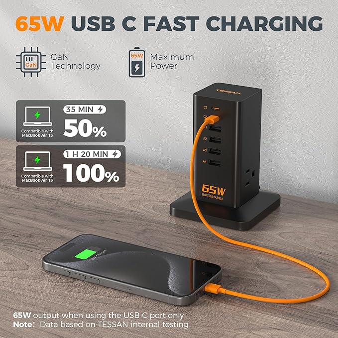 USB Charging Station for Multiple Devices PD 65W, TESSAN 9-in-1 USB C Charger Block for iPhone 17/16/15, MacBook, Tablet, Type C Desktop Charger with 3 AC, Home Travel Office Accessories