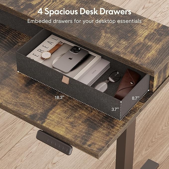 FLEXISPOT 71'' L Shaped Standing Desk Electric Corner Table with Shelf, 4 Storage Drawers, Adjustable Computer Workstation for Home, Office, Game, Studio, Rustic Brown Top + Black Frame