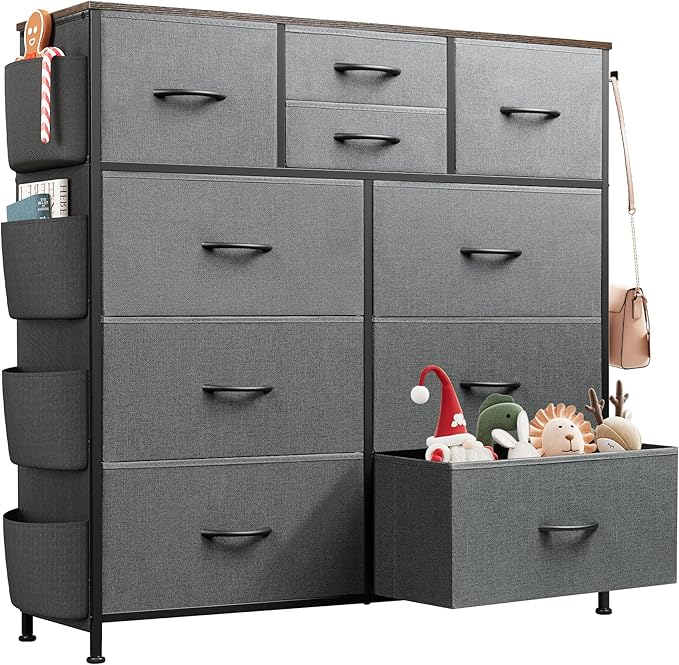 WLIVE Dresser for Bedroom with 10 Drawers, Fabric Dresser Chest of Drawers with Side Pockets and Hooks, Sturdy Metal Frame, Drawers Organizer Unit for Room, Hallway, Dark Gray