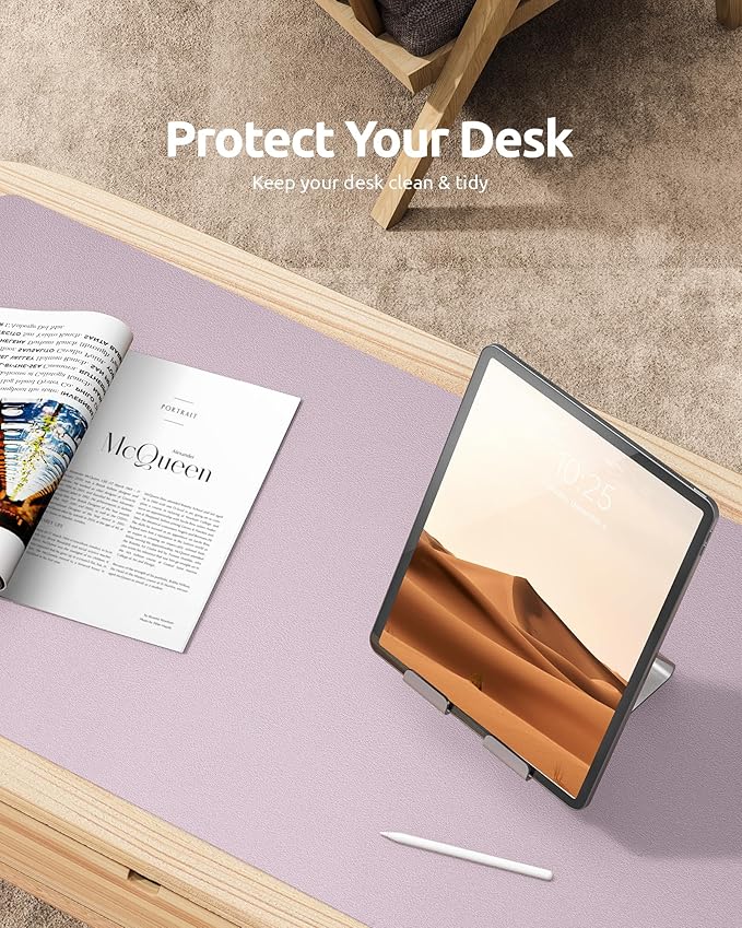 YSAGi Leather Desk Protector, Office Mat, Large Mouse Mat, Non-Slip PU Leather Blotter, Laptop Pad, Waterproof Writing Pad for Office and Home (Grayish Lavender, 35.4" x 17")