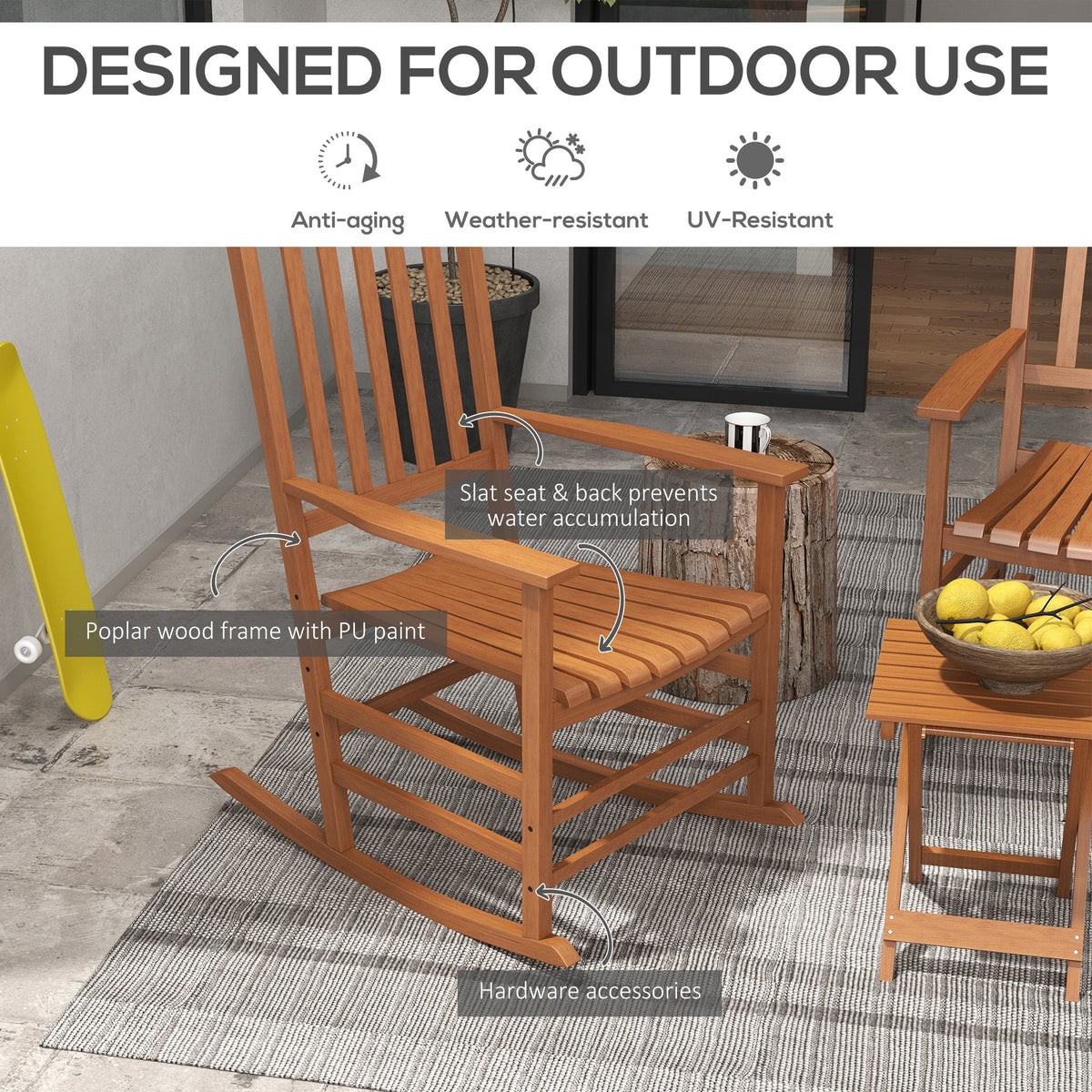 Wooden Rocking Chair Set, Curved Armrests, High Back, Slatted Top Table Outdoor Rocker Set, Teak