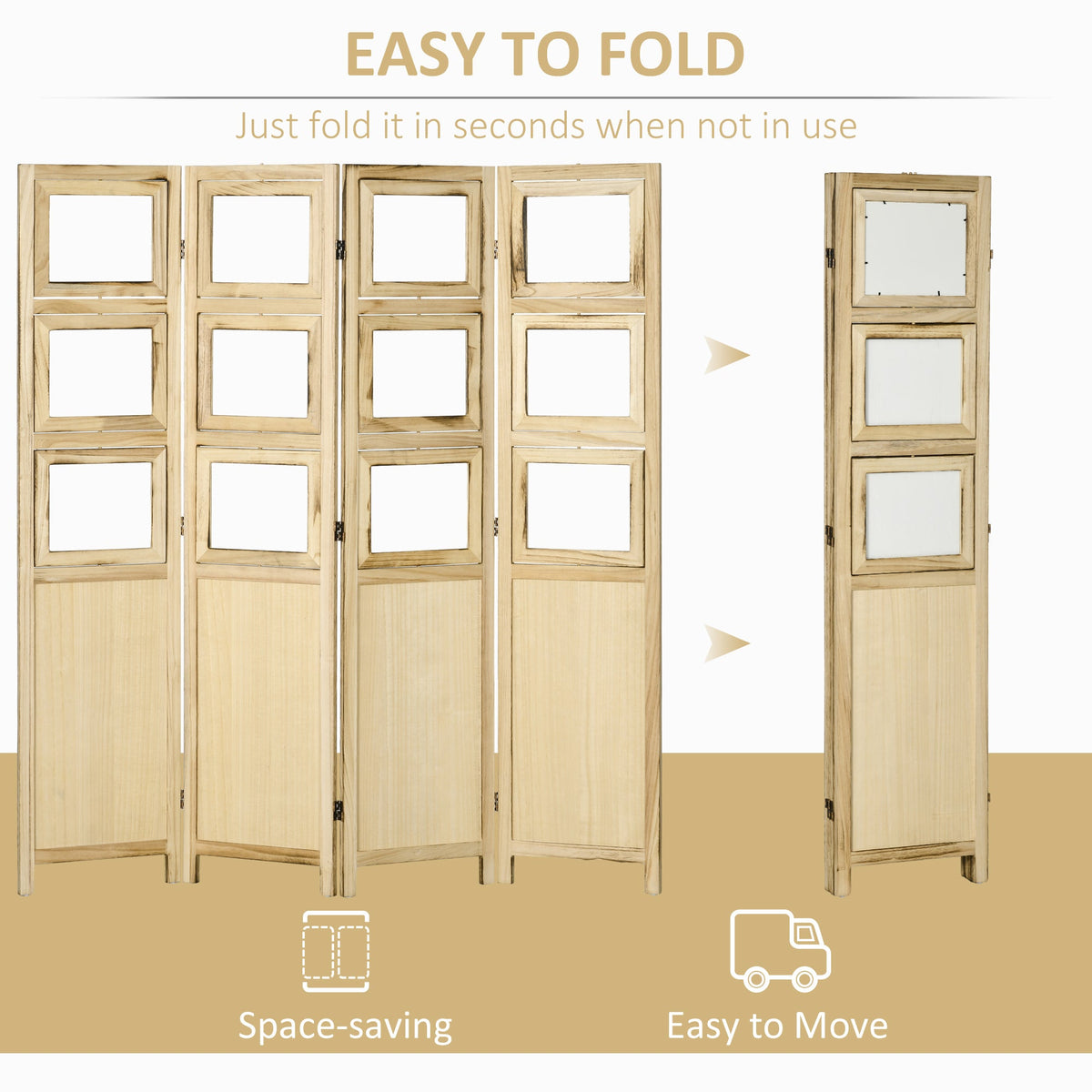 4 Panel Room Divider, Folding Privacy Screens, Natural