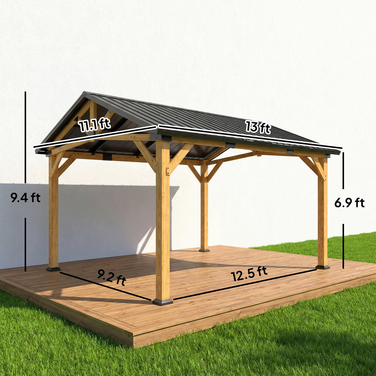 13' x 11' Hardtop Gazebo Canopy with Galvanised Metal Roof, Fir Wood Frame and Central Hook for Patio, Black Gray