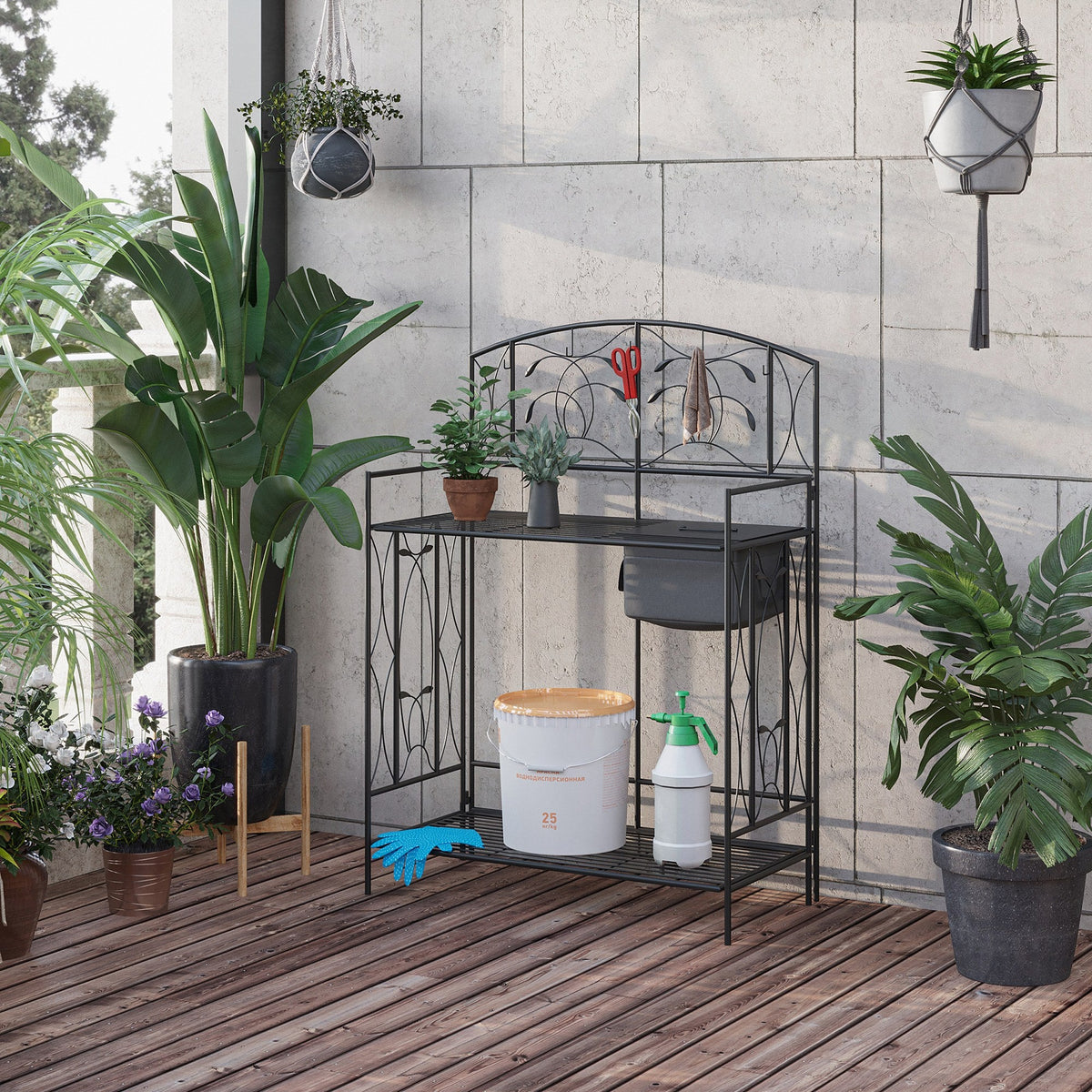 Folding Potting Bench Table, Metal Garden Workstation, Work Bench with Large Built-in Bag with Cover