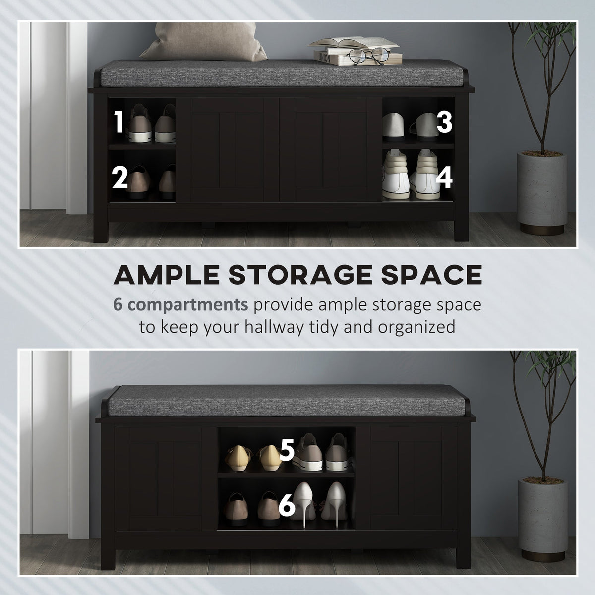 Modern Shoe Storage Bench, Entry Way Bench with Cushion, 2 Sliding Doors, Storage Ottoman Bench, Holds 10 Pairs, Black