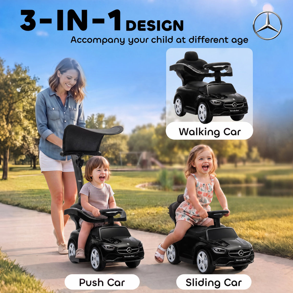 4 in 1 Toddler Push Car Licensed Benz with Push Handle, Guardrails, Canopy, Horn, Music, Storage for 18-36 Months, Black