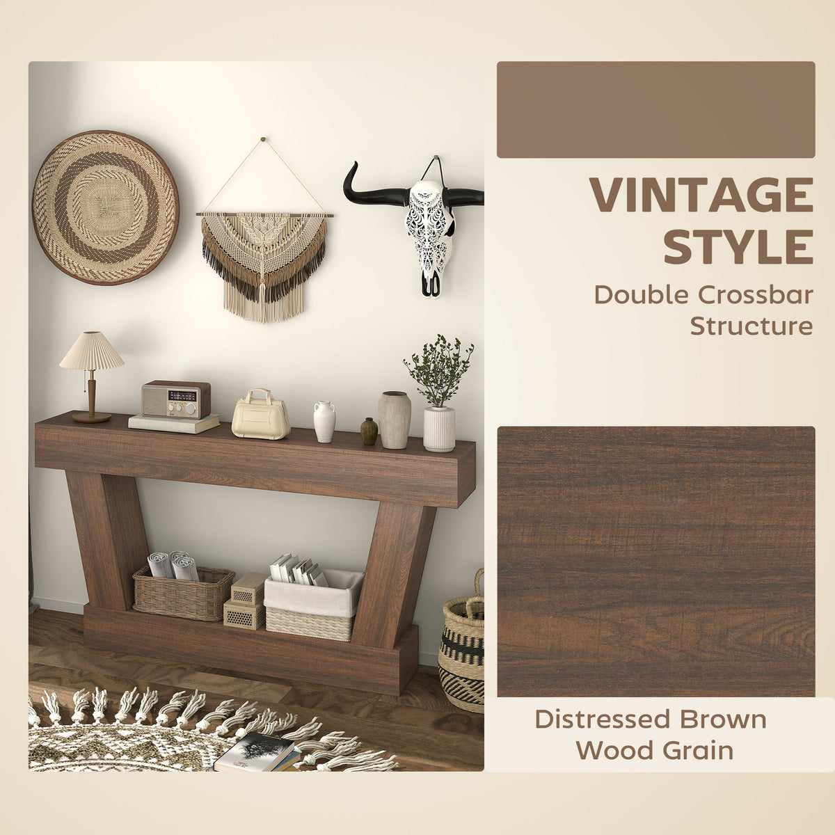 63 Inch Vintage Console Table, Narrow Entryway Table with Open Shelf for Living Room, Brown