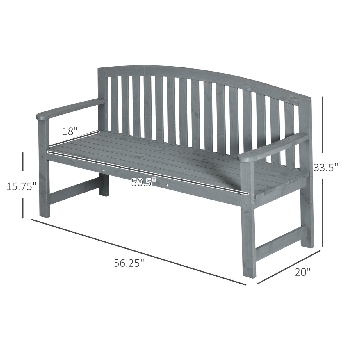 56" Outdoor Wood Bench, 2-Seater Garden Bench with Backrest and Armrest, Patio Bench for Patio, Porch, Poolside, Balcony, Gray