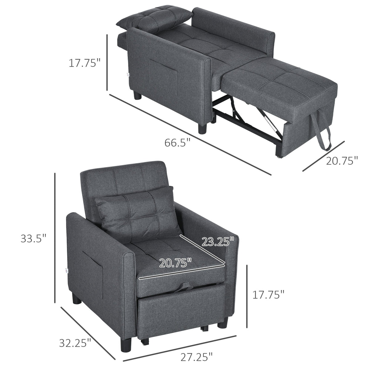 3-in-1 Convertible Chair Bed, Multi-Functional Single Sofa Bed, Pull Out Sleeper Chair with Adjustable Backrest, Gray