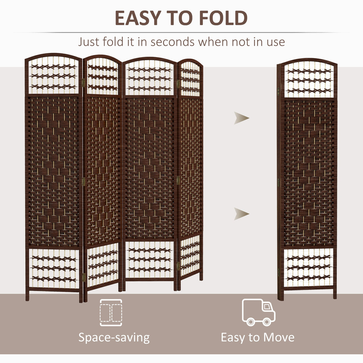 4 Panel Folding Room Divider Portable Privacy Screen Wave Fiber Room Partition for Home Office Brown
