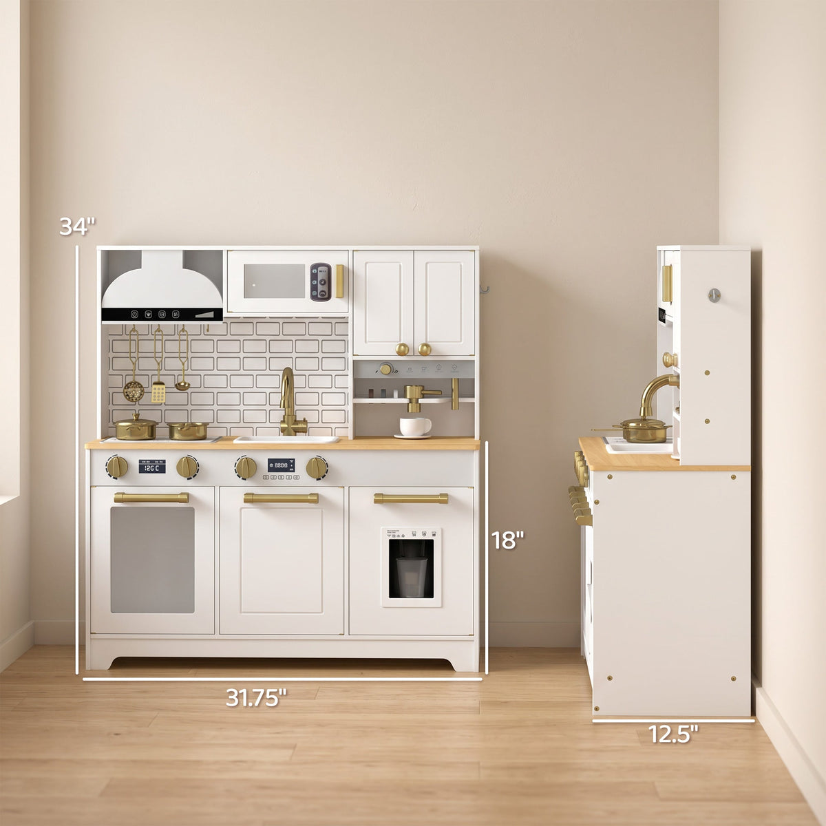 Play Kitchen, Kids Kitchen Playset with Coffee Maker, Ice Maker, Clicking Knobs, Storage, Accessories for 3-8 Years