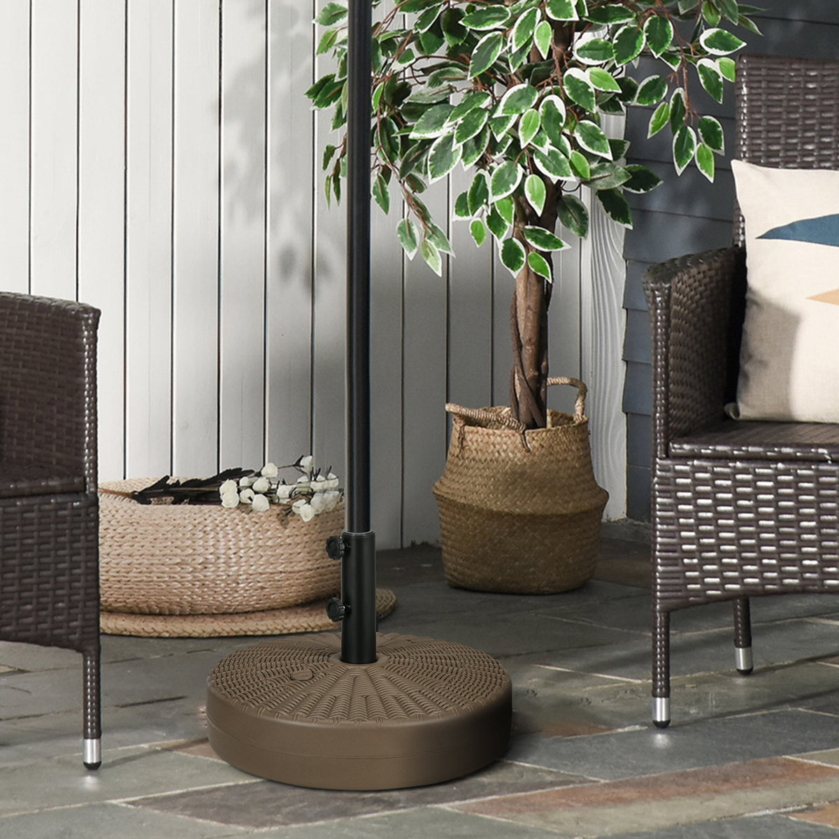Umbrella Stand for 1.5" or 2" Umbrella Poles, Round Fillable Umbrella Base for Outdoor, Lawn, Deck, Brown