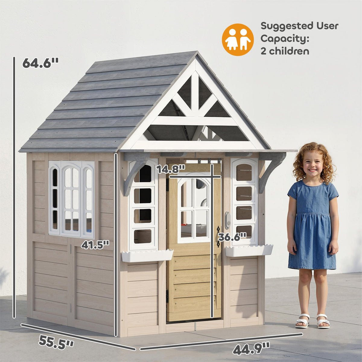 Outdoor Playhouse, Wooden Kids Playhouse with Dog Door, Cookware, Planter Box, Bell, Blackboard, Clock for Backyard