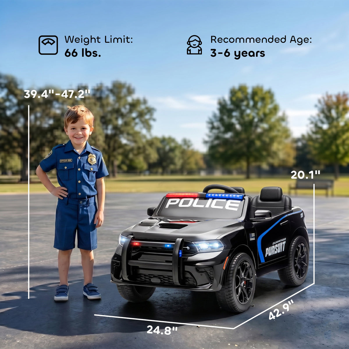 Licensed Dodge Ride On Police Car for Kids with 2 Seater, Remote, Suspension, Flashing Lights, Siren for Ages 3-6, Black