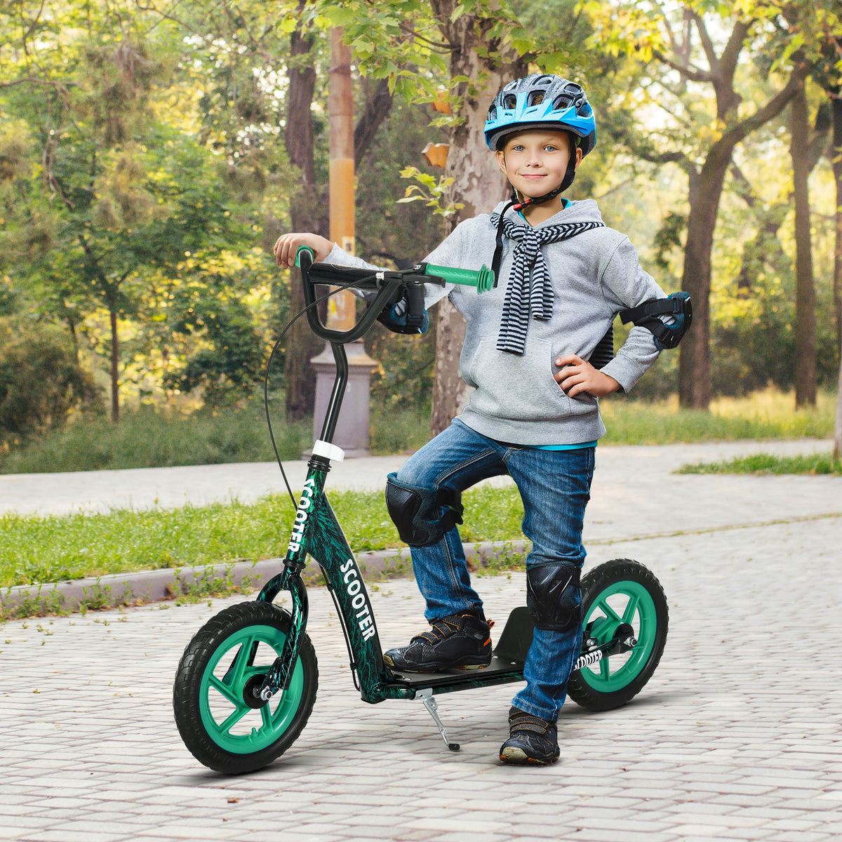 Kids Scooter with Adjustable Handlebar, Kids Kick Scooter with Non-slip Footplate, Rear Brake, 12" EVA Wheels, Green