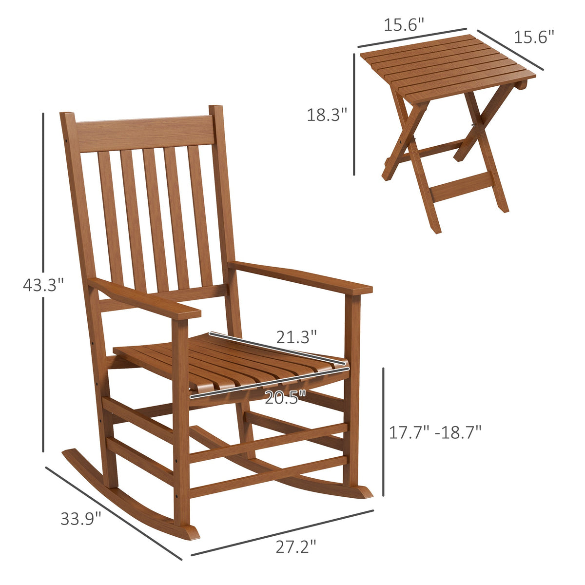 Wooden Rocking Chair Set, Curved Armrests, High Back, Slatted Top Table Outdoor Rocker Set, Teak