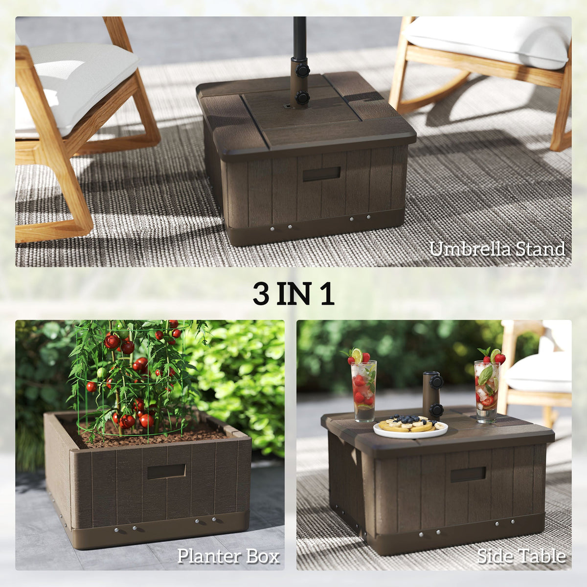 3-in-1 Outdoor Umbrella Base with Wheels and Handles, End Table, Flower Box Planter with Hole, 175 lbs. Capacity, Brown
