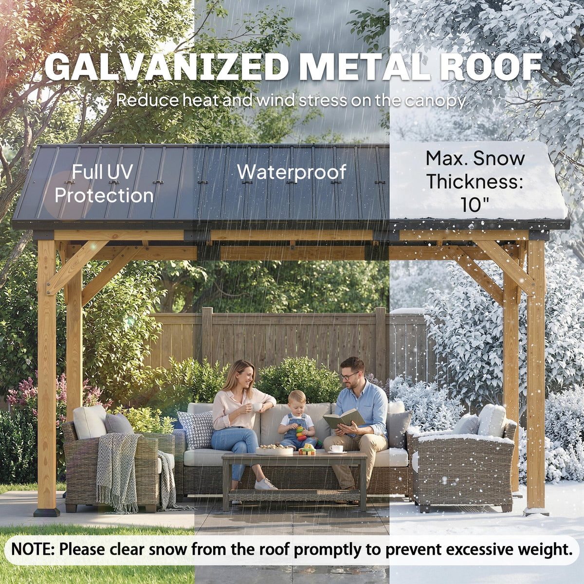 13' x 11' Hardtop Gazebo Canopy with Galvanised Metal Roof, Fir Wood Frame and Central Hook for Patio, Black Gray