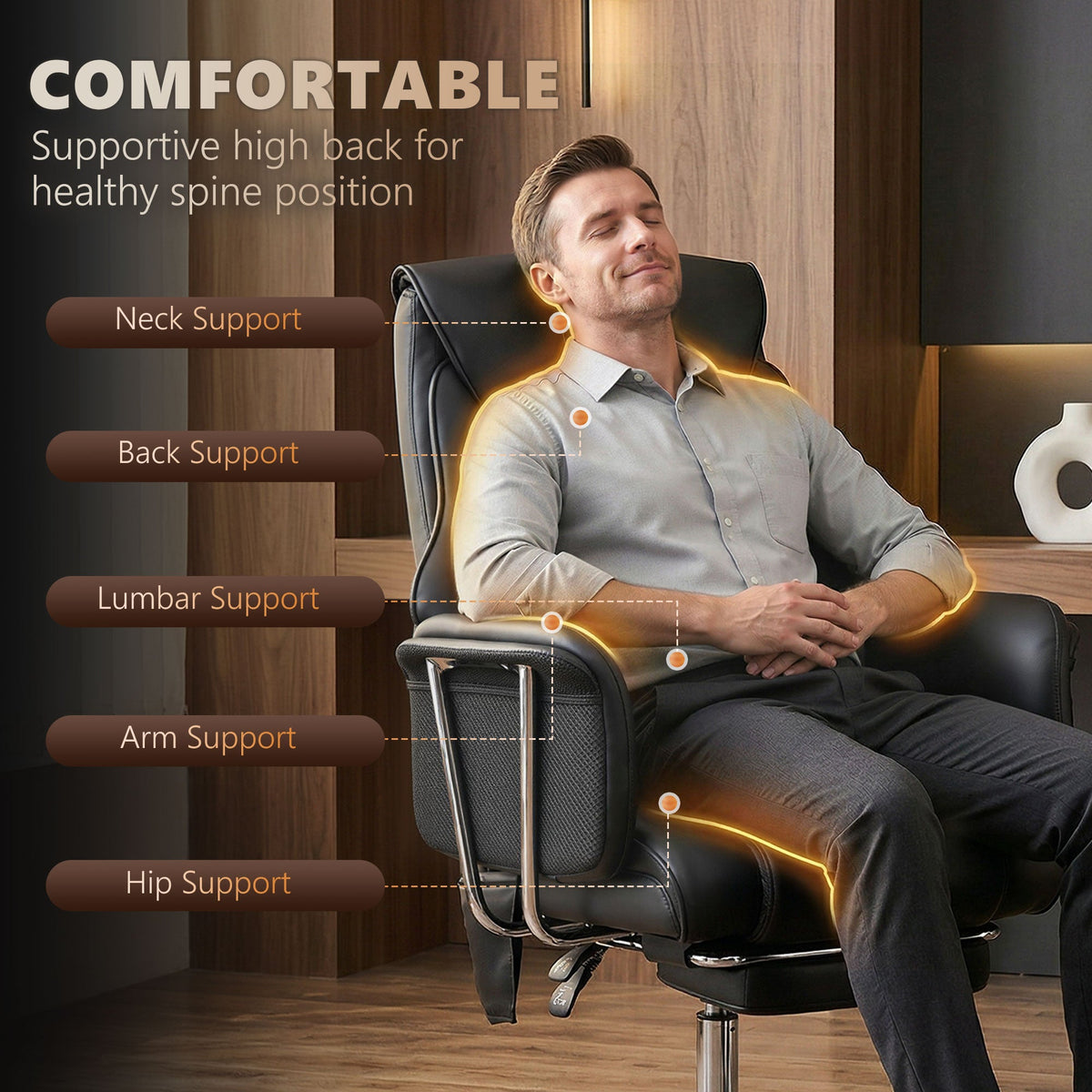 Massage Office Chair with 6 Points Vibration, Executive Desk Chair with High Back, PU Leather, Footrest, Black