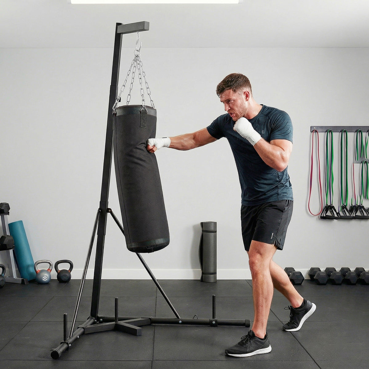 Punching Bag with Stand for Adults, 72.8"-90.9" Height Adjustable Freestanding Boxing Stand with Canvas Sandbag, Black