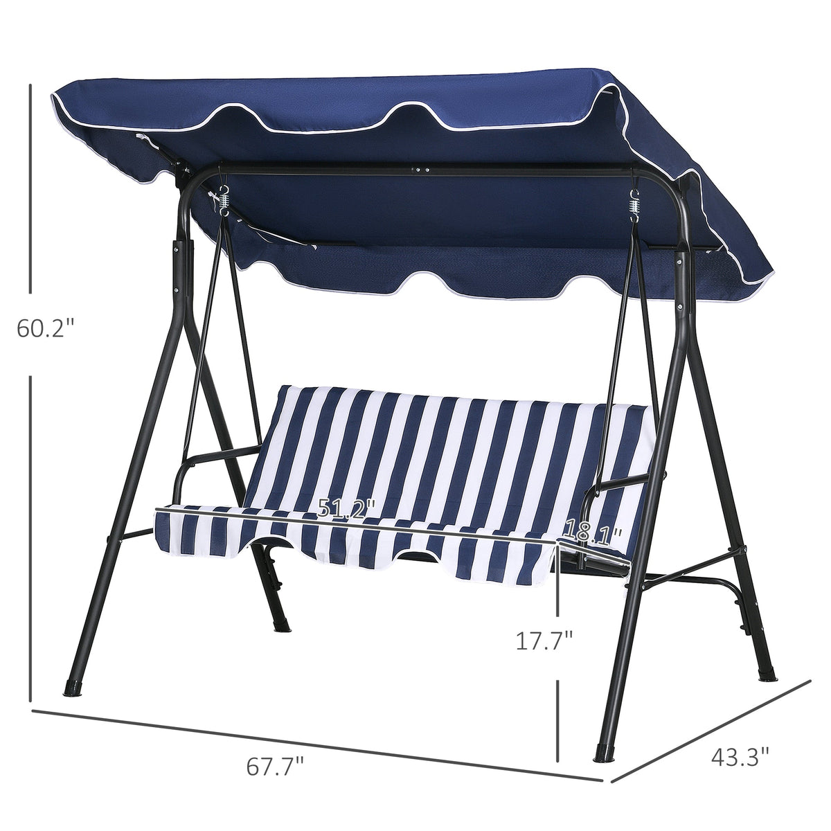 3-Seat Outdoor Patio Swing Chair with Cushion, Steel Frame Stand, Adjustable Tilt Canopy for Patio, Garden, Dark Blue
