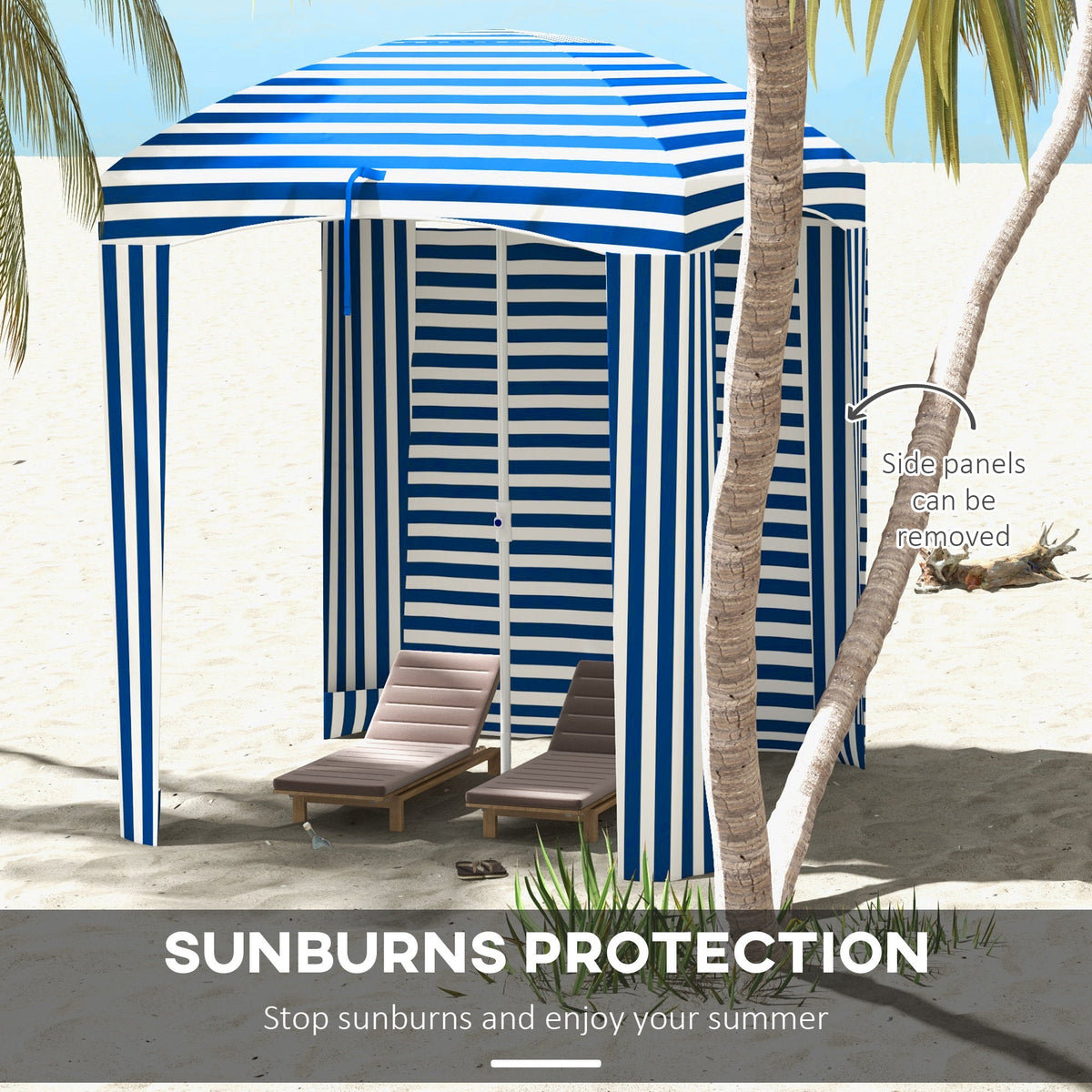 5.8' x 5.8' Cabana Umbrella with Walls, Vents, Ruffles, Carry Bag, Beach Umbrella, Blue White Stripe
