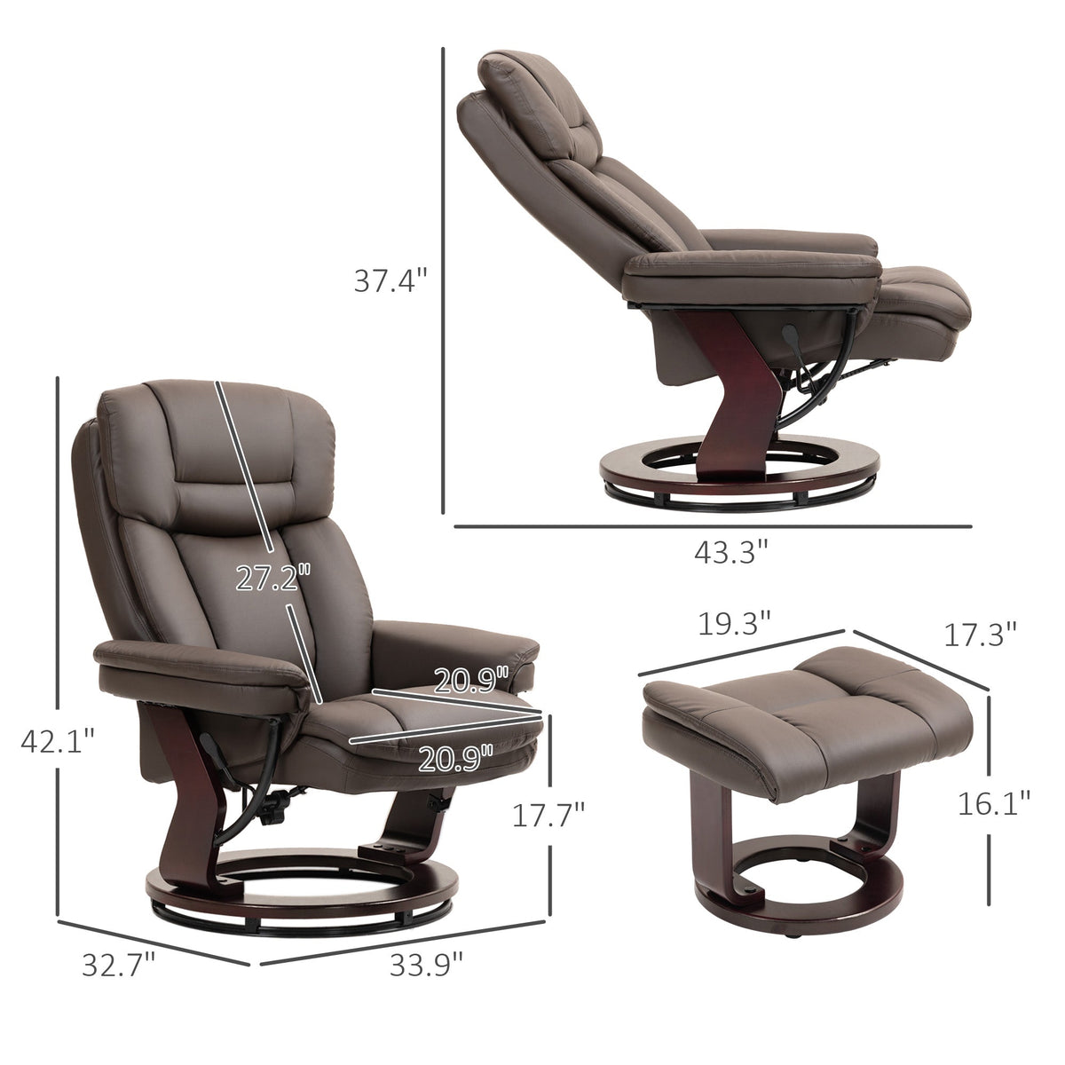 Swivel Recliner with Ottoman, PU Leather Reclining Chair with Footrest, for Living Room, Bedroom, Dark Brown