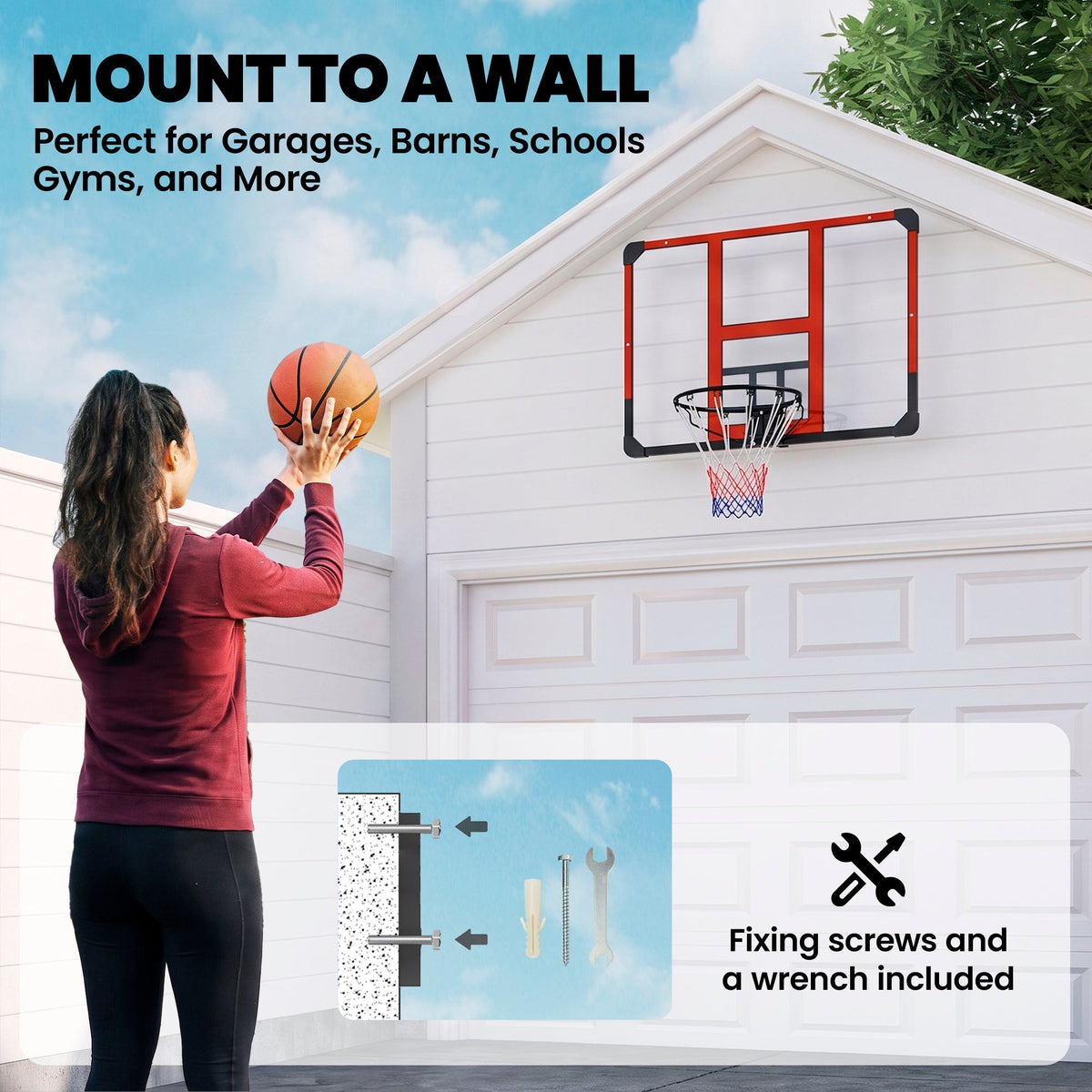 Wall Mounted Basketball Hoop with Shatter-Resistant Backboard, Solid Rim and All-Weather Net for Indoor and Outdoor Use
