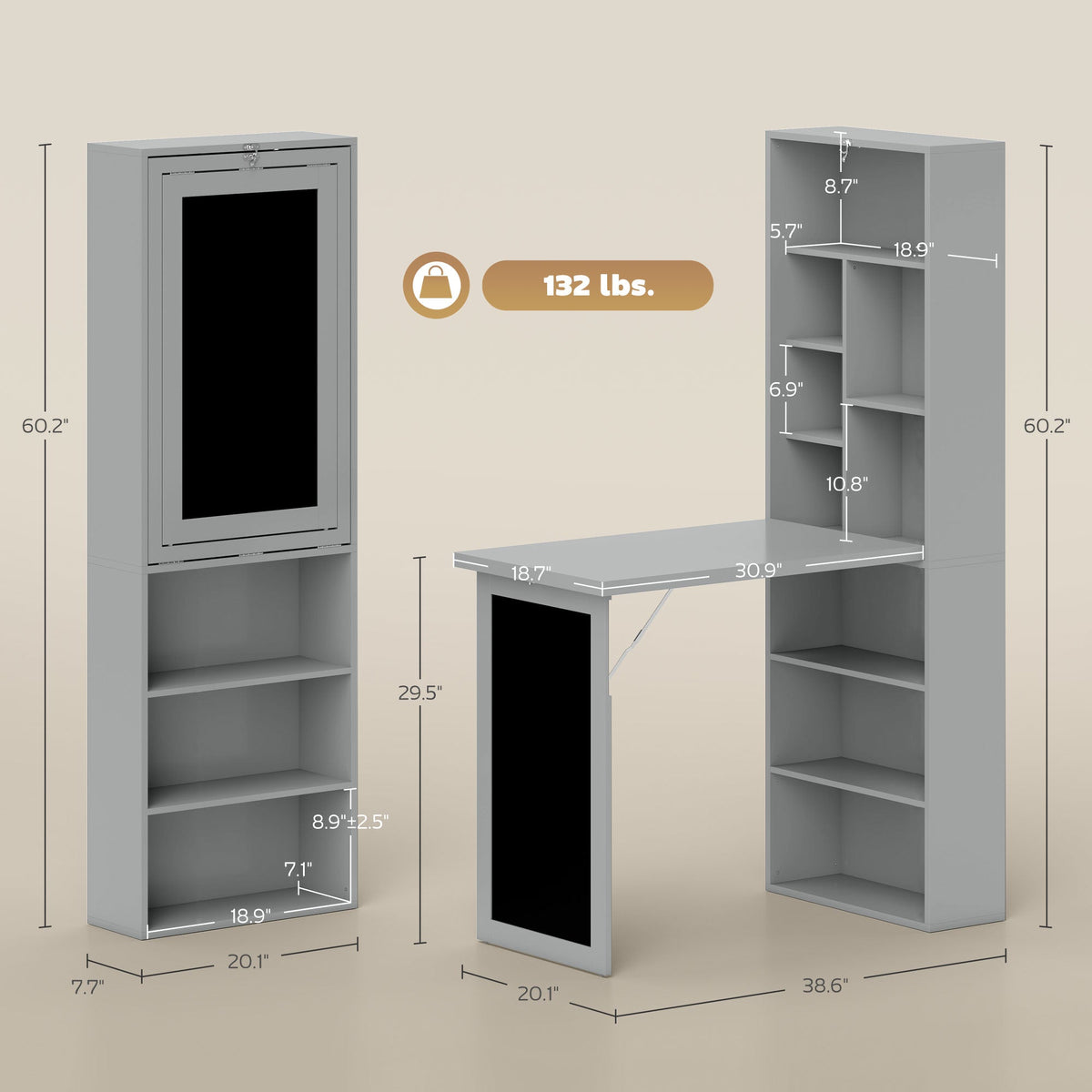 Fold-out Convertible Office Desk, Wall Mount Computer Desk with Blackboard and Side Shelf, Charcoal Gray