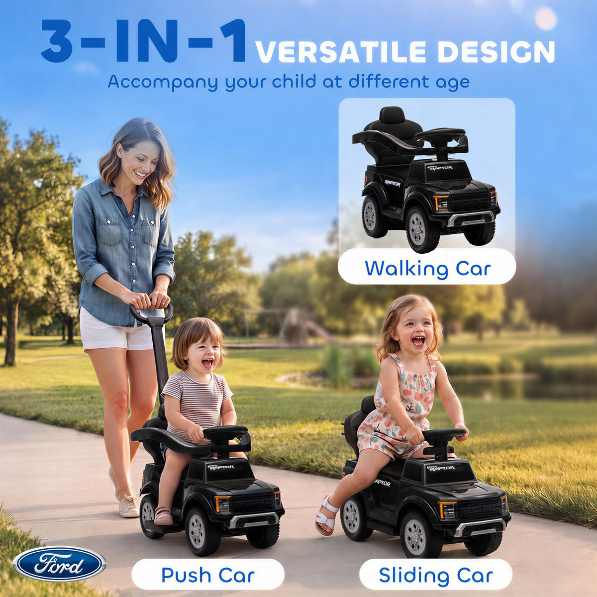 3 In 1 Licensed Ford Kids Push Car with Push Handle, Horn, Sound, Secure Bar, Storage, for Toddlers 18-36 Months, Black