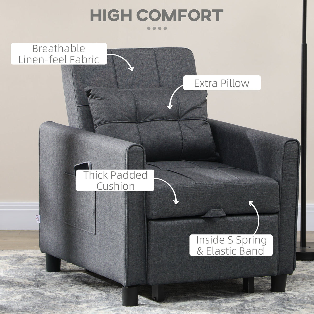 3-in-1 Convertible Chair Bed, Multi-Functional Single Sofa Bed, Pull Out Sleeper Chair with Adjustable Backrest, Gray