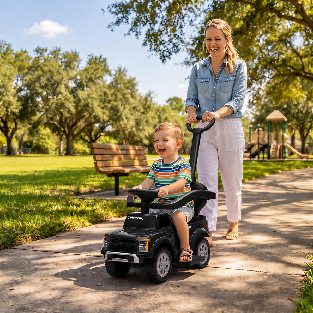 3 In 1 Licensed Ford Kids Push Car with Push Handle, Horn, Sound, Secure Bar, Storage, for Toddlers 18-36 Months, Black
