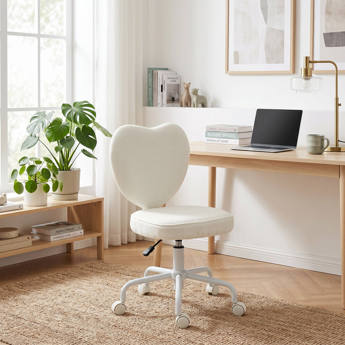 Heart Love Shaped Back Design Vanity Chair,  Office Chair with Adjustable Height and 360 Swivel Castor Wheels, White